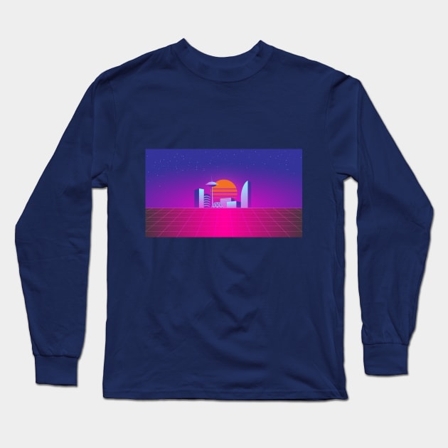 Synthwave 80's neon city Long Sleeve T-Shirt by RARA_AVIS